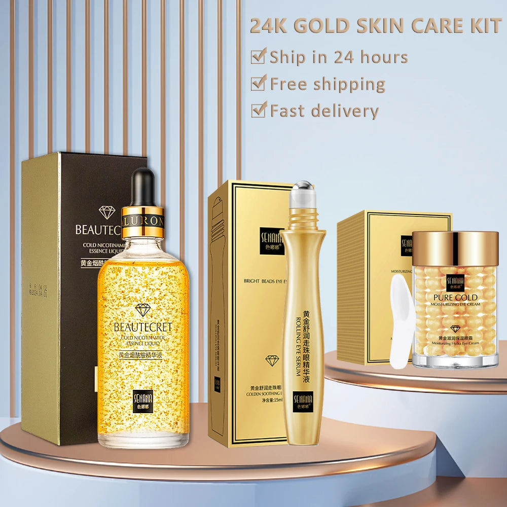 Face Cream Kit 24K Gold Niacinamide Essence Remove Dark Eye Circles Eye Serum Firming Eye Cream Face Care Set Korean Cosmetics